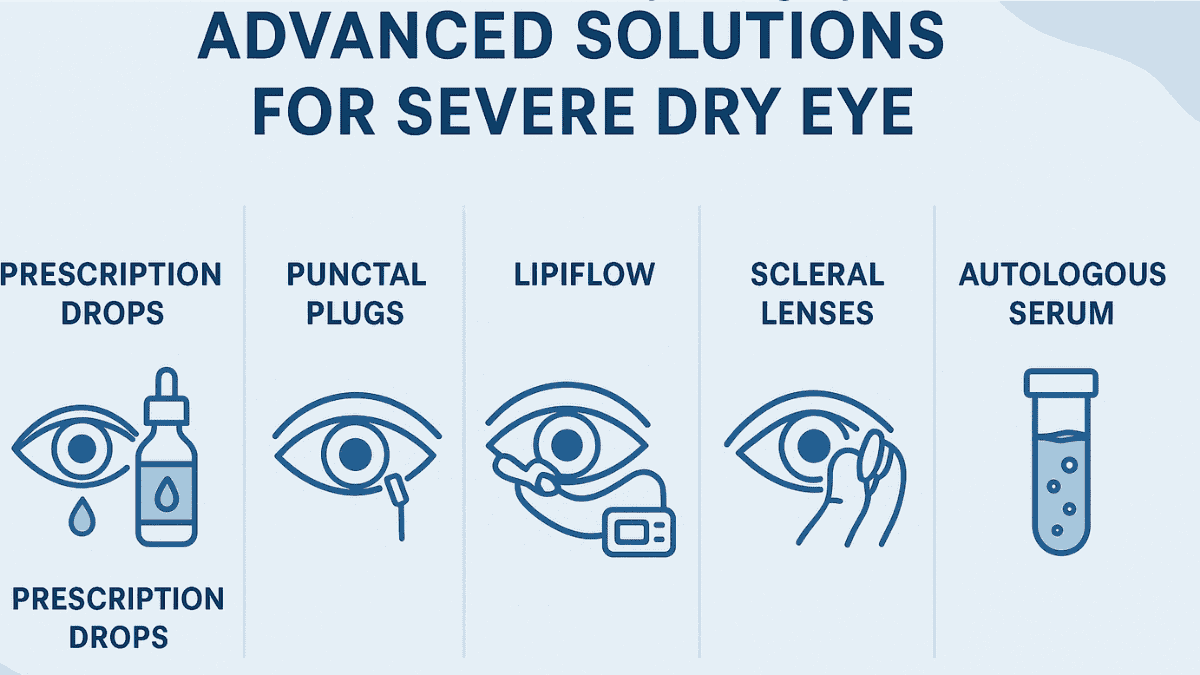 Infographic comparing advanced treatment options for chronic dry eye including in-office procedures and prescription solutions.