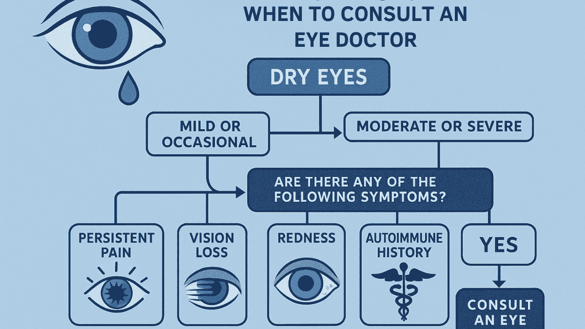 Decision tree infographic guiding users on when dry eye symptoms require professional medical attention.