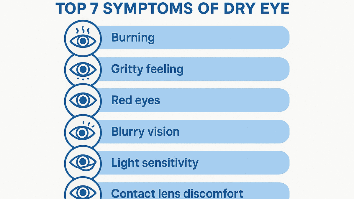 Illustrated infographic showing six effective home remedies for dry eye relief using simple icons and clear descriptions.
