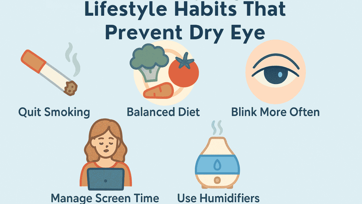 Lifestyle visual guide showing preventive measures for dry eye in daily life using clean icons and brief tips.