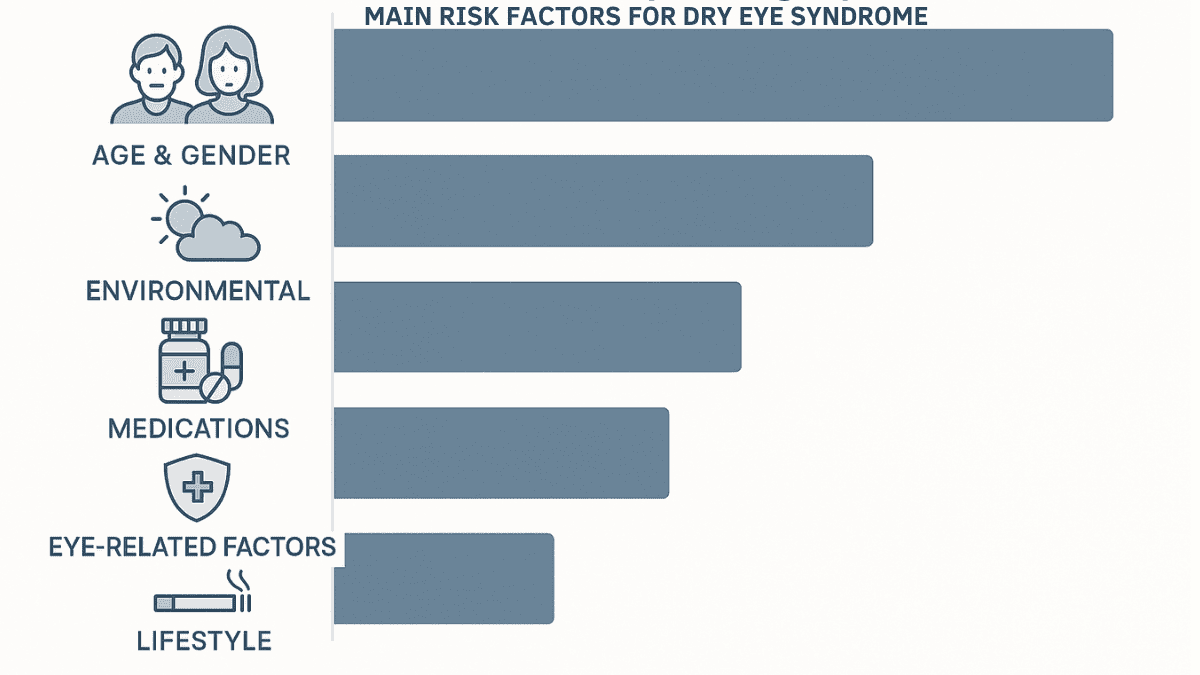 A horizontal infographic displaying categorized risk factors contributing to dry eye, using labeled vector icons and organized blue-gray medical palette.