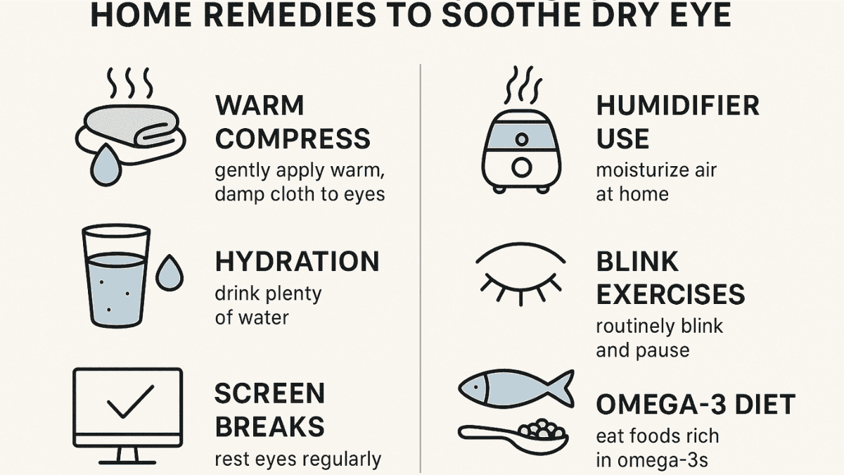 Infographic listing common dry eye symptoms with medical icons and descriptions in a vertical format for readability.