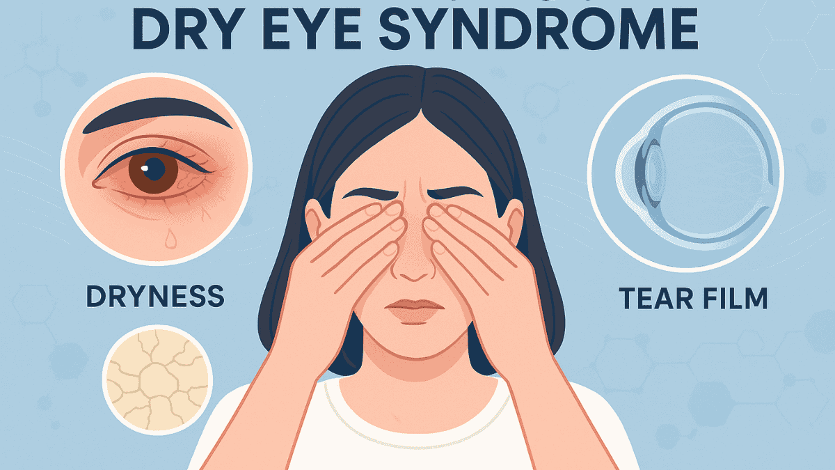 A blog cover image showing a woman with irritated eyes and medical overlays representing symptoms and tear film anatomy, designed for a dry eye syndrome article.