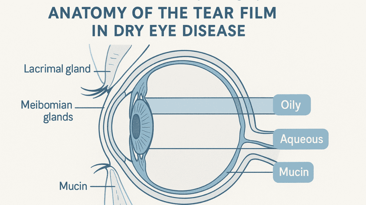 Detailed cross-sectional diagram of the eye showing the three-layer tear film structure responsible for ocular moisture and protection.