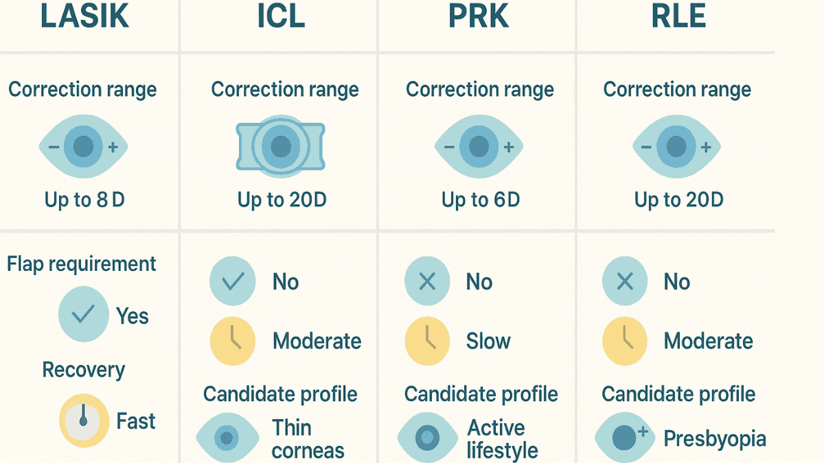 Graphic comparing LASIK with ICL, RLE, and PRK surgeries