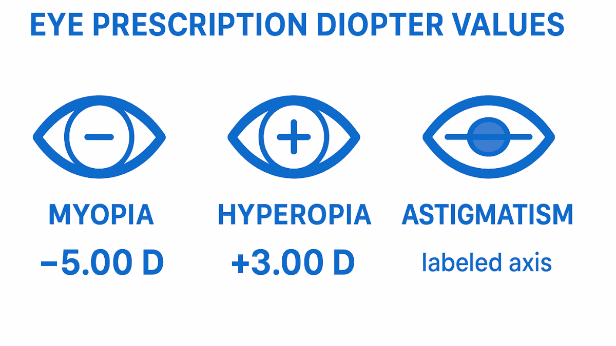 Infographic showing diopter values for myopia, hyperopia, and astigmatism
