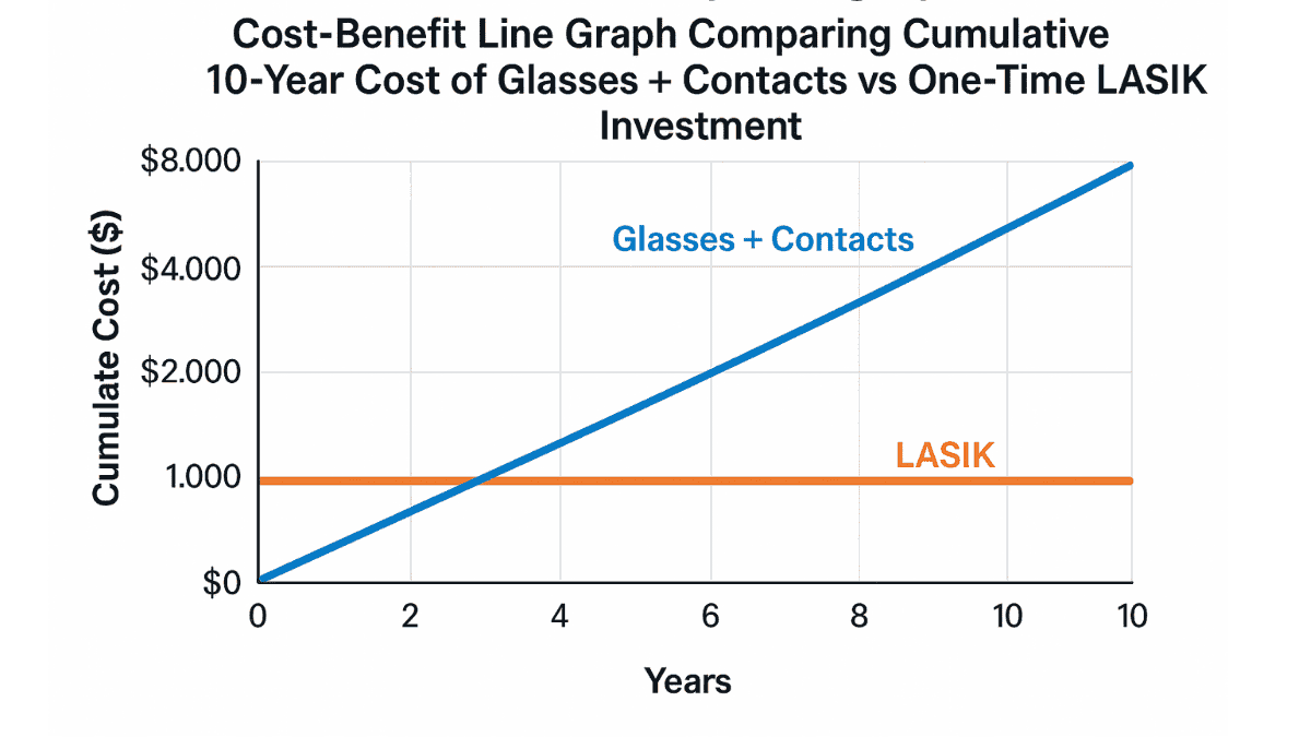 Line graph comparing long-term costs of LASIK vs glasses/contacts