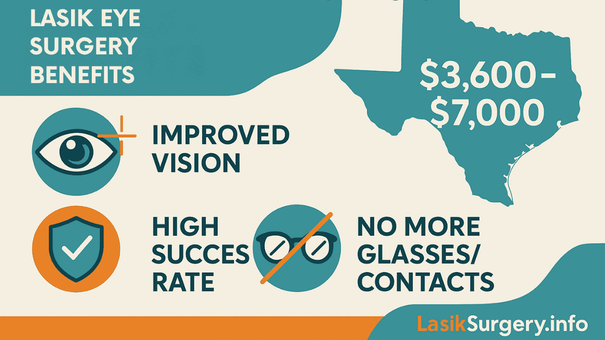 How much is LASIK eye surgery in Texas visualized with a stylized map, cost indicators, and icons of eyes, dollar signs, and smiling faces.