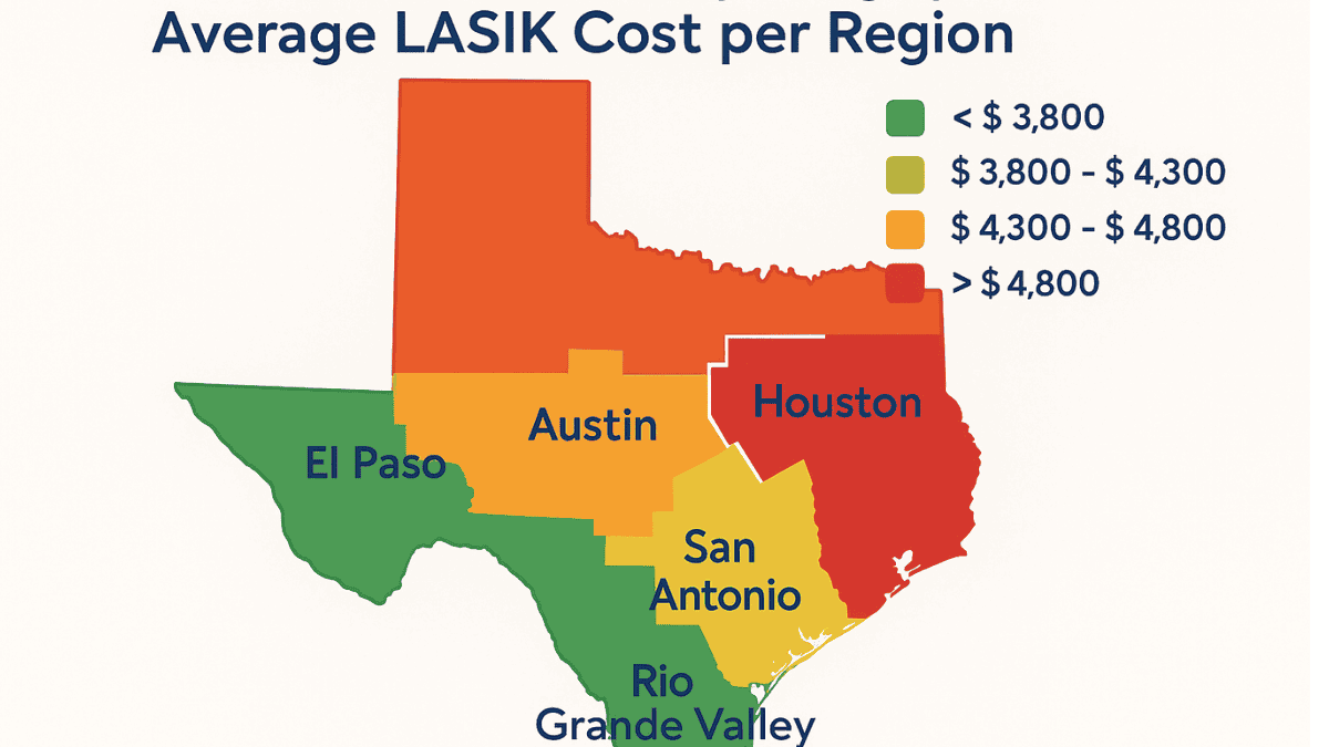 Texas map colored by regional LASIK cost ranges