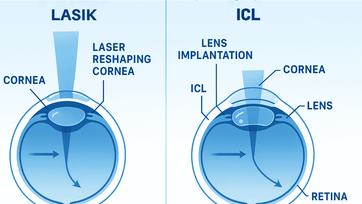 Infographic comparing LASIK and ICL procedures using labeled eye diagrams, highlighting laser reshaping versus lens implantation and light refraction paths.