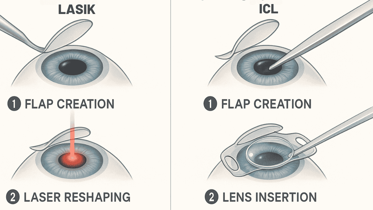 Step-by-step infographic comparing LASIK and ICL surgery procedures from preparation to post-op.