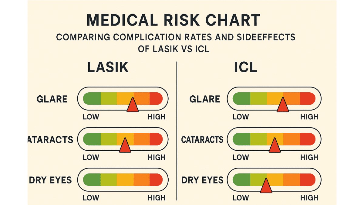 Chart comparing risk profiles of LASIK and ICL procedures, with metrics for glare, dry eye, and rare complications.