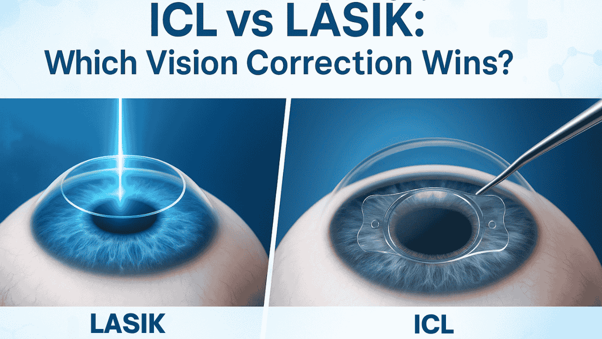 Split-screen blog cover image comparing LASIK and ICL eye surgeries, with LASIK laser reshaping and ICL lens implant shown side-by-side.