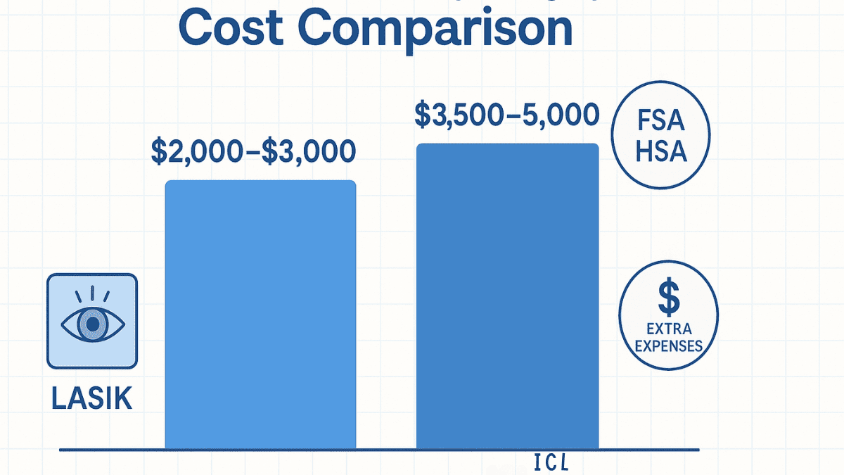 Bar chart comparing average LASIK and ICL surgery costs, with notes on financing options like HSA and FSA plans.