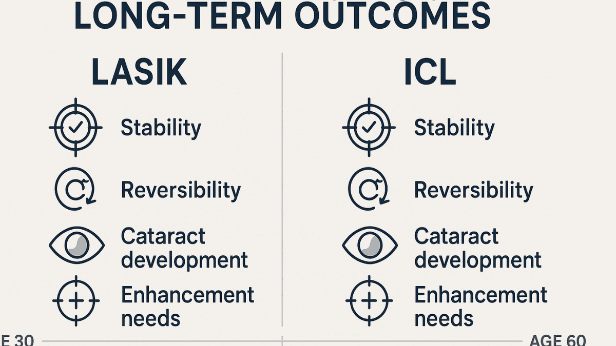 Infographic comparing long-term effects of LASIK and ICL, including stability, reversibility, enhancement needs, and age-related vision changes.