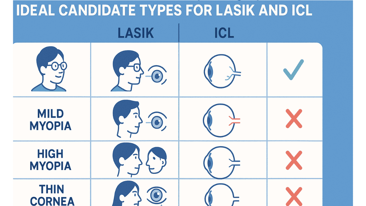 Illustrated checklist comparing LASIK and ICL suitability based on eye conditions like dry eyes, corneal thickness, and refractive error levels.