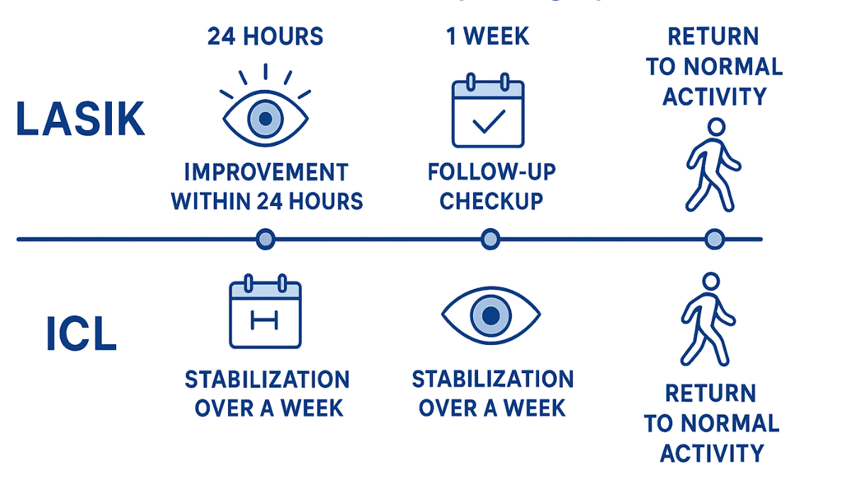 Timeline infographic showing LASIK recovery milestones within 1-3 days and ICL recovery milestones extending to a week.