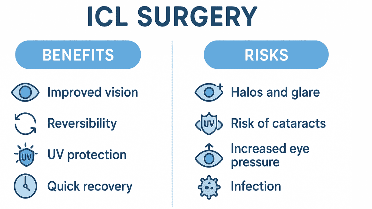 Infographic detailing pros and cons of ICL procedure, including benefits like UV protection and drawbacks like cataract risk.