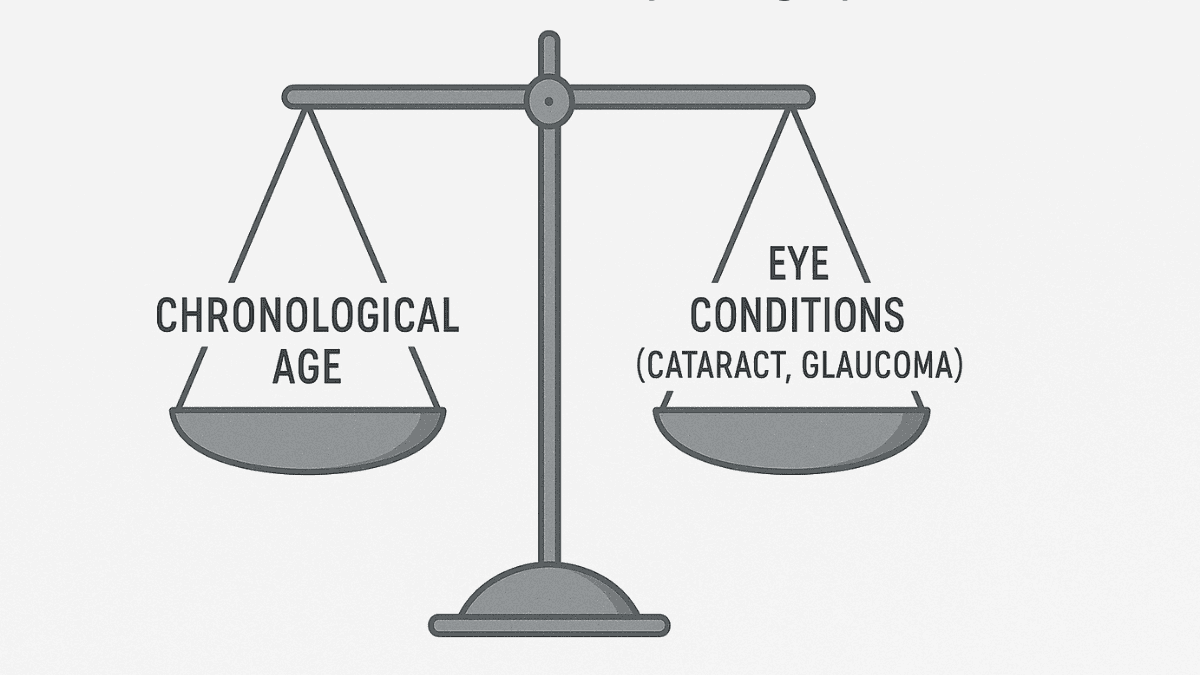 Age vs. eye health factors in laser surgery shown as a balancing scale