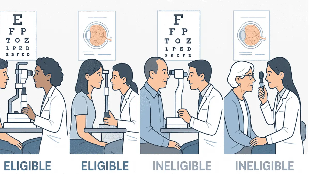 Laser treatment for eyes age limit illustrated with diverse patients of varying ages being evaluated for suitability