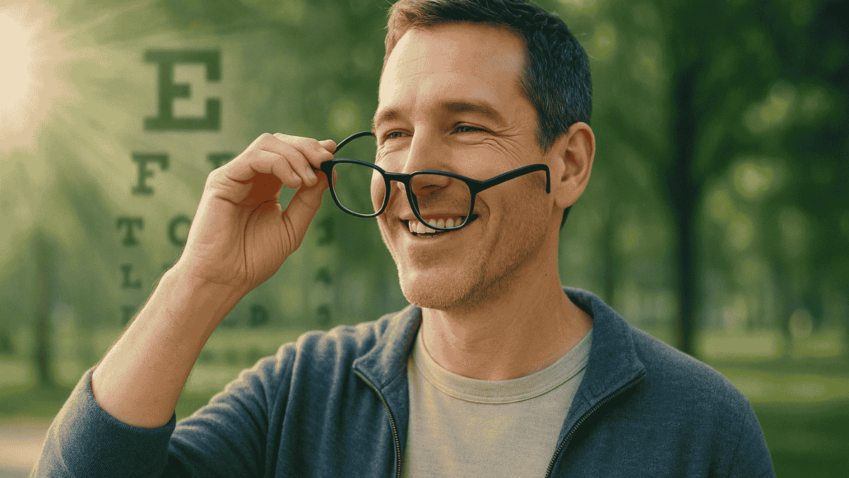Confident middle-aged adult removing glasses after LASIK surgery, representing visual freedom after 40