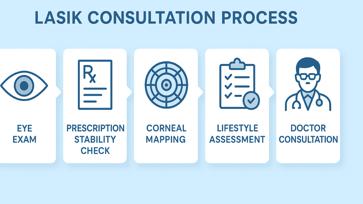 LASIK consultation steps: eye mapping, medical history, lifestyle goals