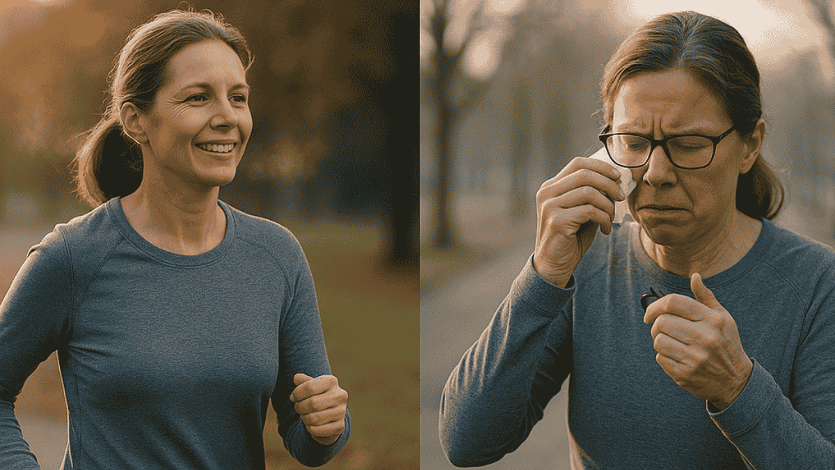 Comparison of an active person post-LASIK vs same person struggling with glasses