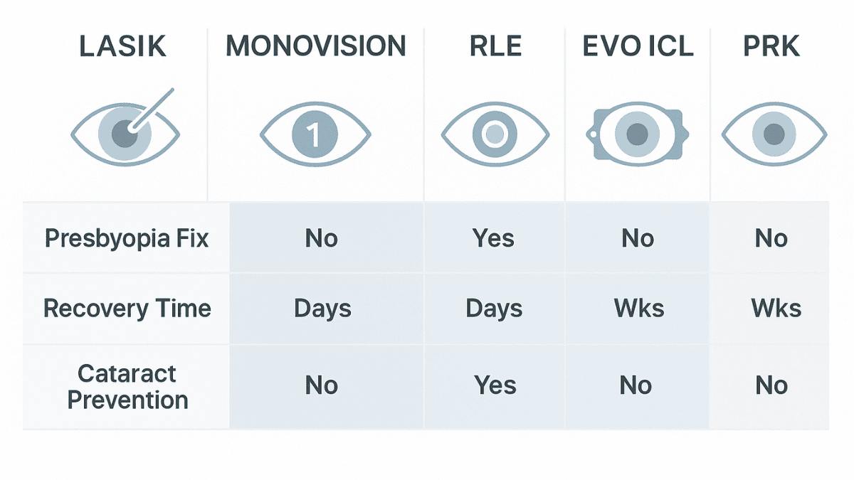 Diagram showing one eye corrected for distance and one for near vision in monovision LASIK