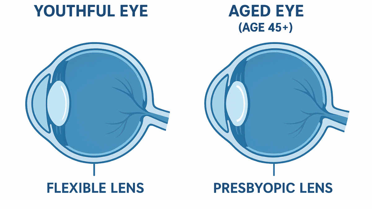 Comparison of young vs presbyopic eye lenses showing lens flexibility and stiffness after 40