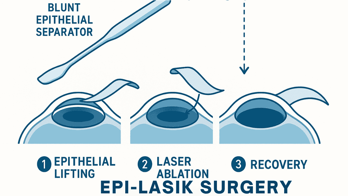 Step-by-step diagram illustrating Epi-LASIK surgery from epithelial separation to laser application.