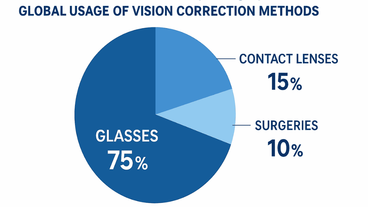 Pie chart illustrating global distribution of vision correction methods, with majority using glasses.