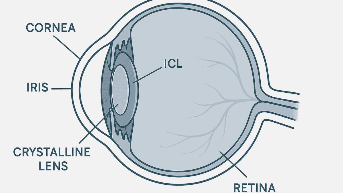 Labeled anatomical diagram showing an Implantable Collamer Lens (ICL) placed between the iris and the eye’s natural lens.