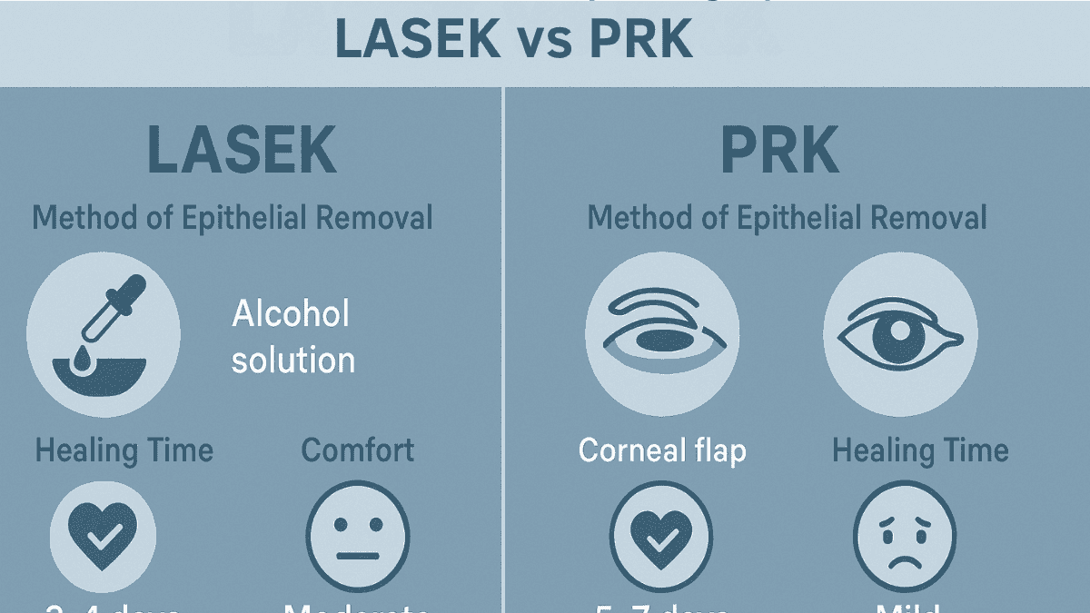 Infographic comparing LASEK and PRK techniques, highlighting differences in epithelial handling and healing timelines.