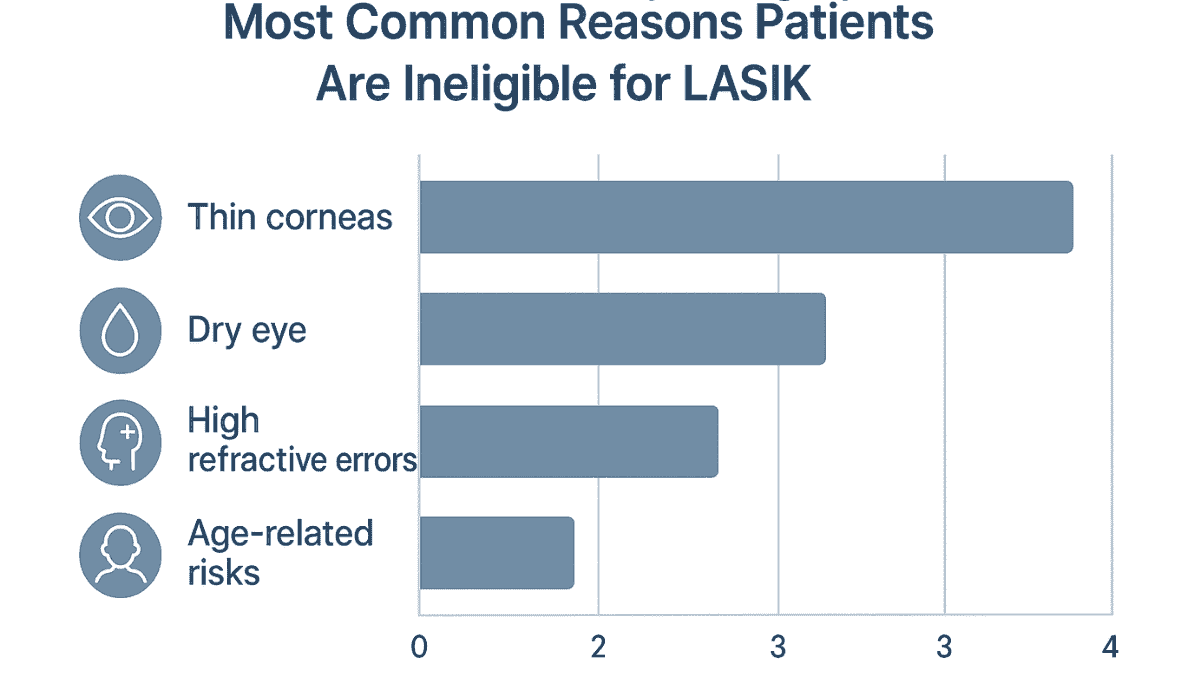 Comparison chart of top LASIK disqualification factors such as thin corneas, severe dry eye, and high refractive errors based on clinical evaluation data.