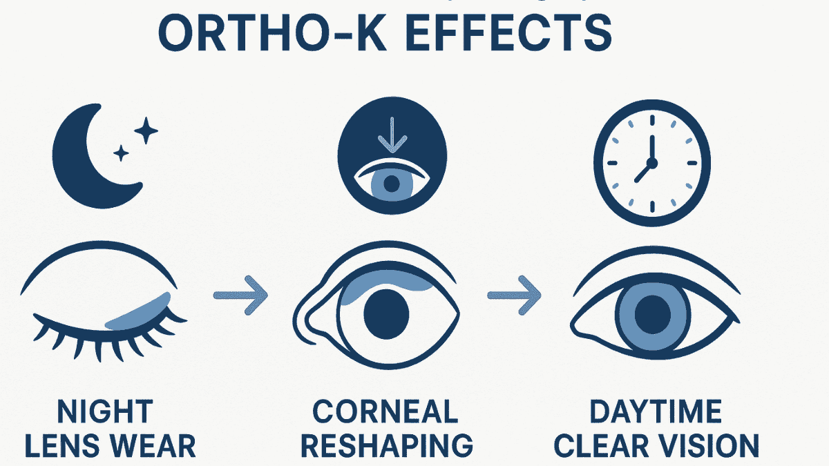 Infographic showing overnight Ortho-K lens wear leading to temporary corneal reshaping and daytime clear vision.