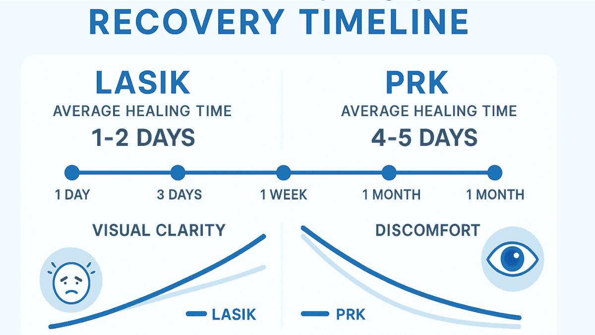 Infographic comparing PRK and LASIK recovery periods, visual clarity improvement, and postoperative discomfort levels over several weeks.