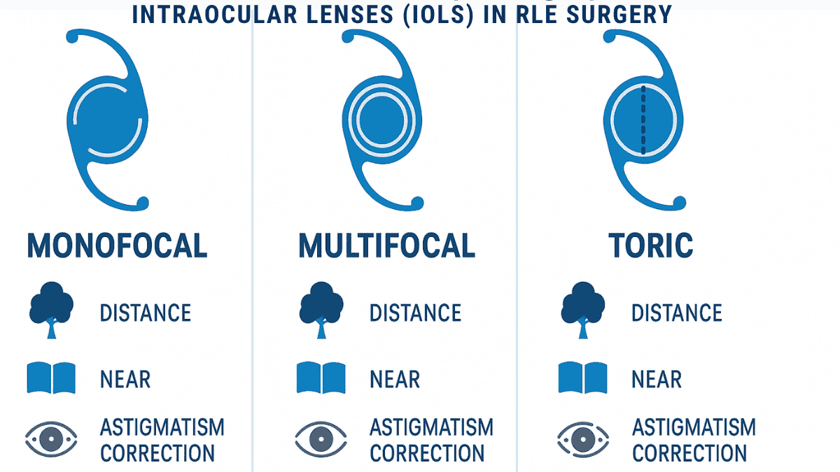 Comparison chart of intraocular lens types—monofocal, multifocal, and toric—used in refractive lens exchange procedures.