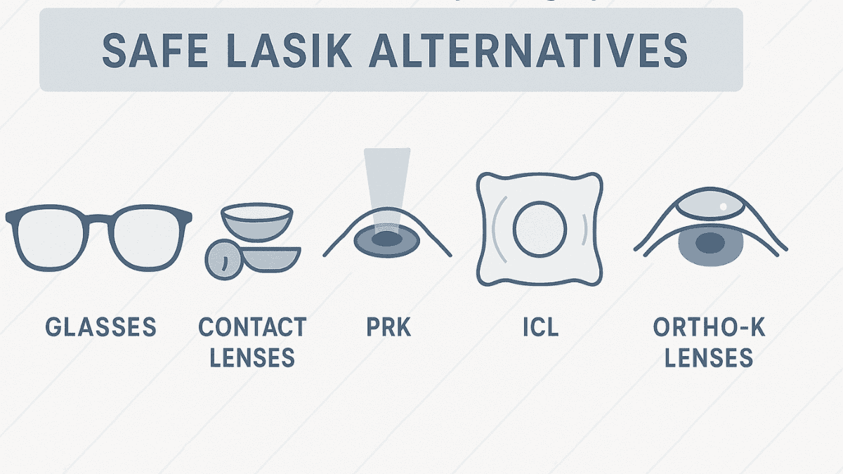 LASIK Alternatives Image: Illustration of safe alternatives to LASIK including glasses, contacts, PRK, ICL, and Ortho-K lenses with a clean medical layout.