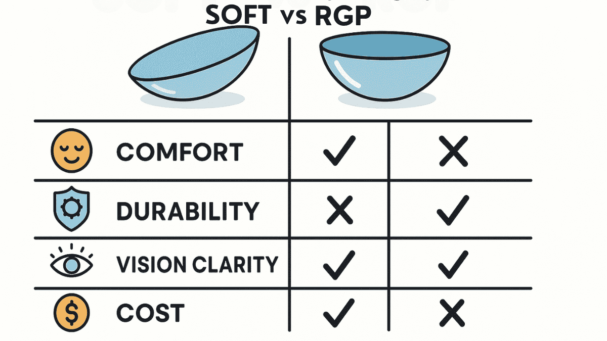 Comparison chart of soft and rigid gas permeable (RGP) contact lenses based on comfort, clarity, and cost.