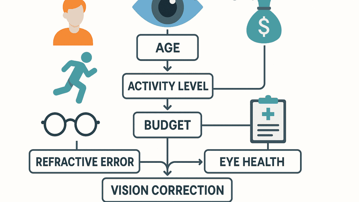 Flowchart with decision factors for choosing vision correction options like LASIK, PRK, RLE, glasses, or Ortho-K.
