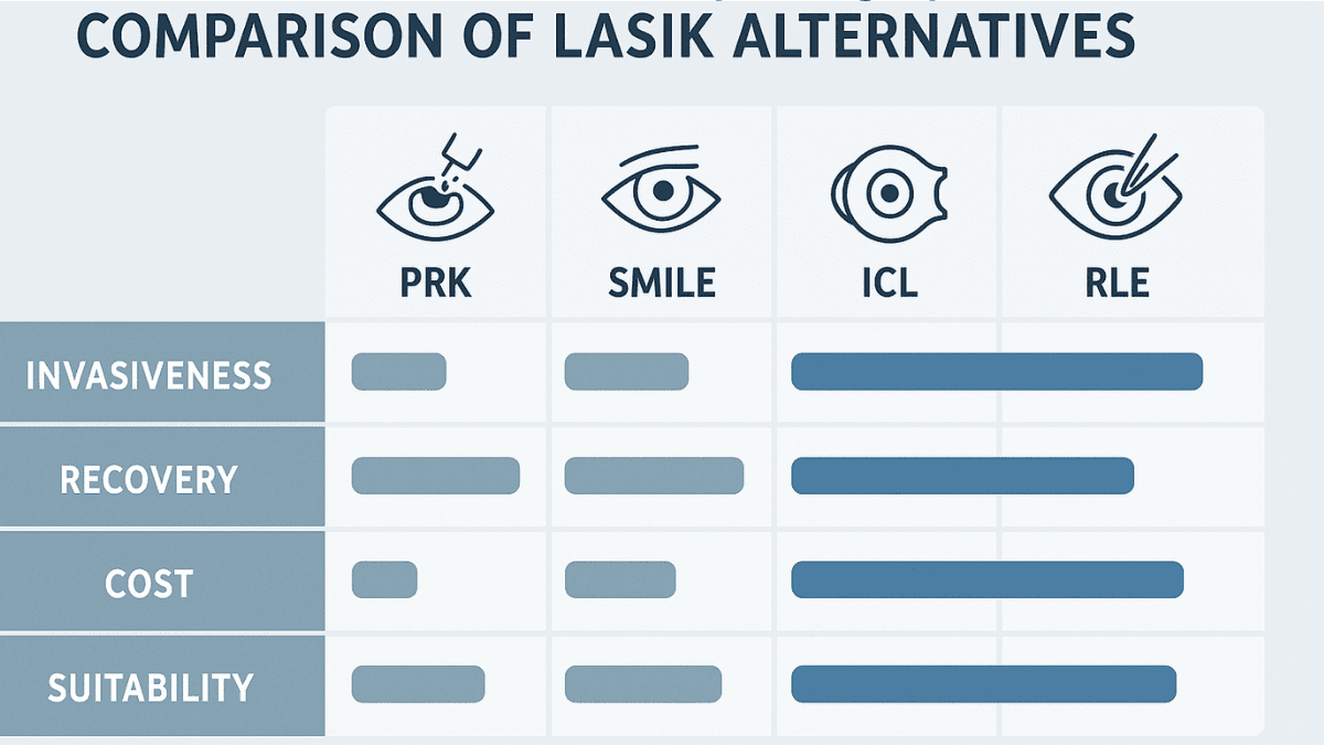 Comparison chart showing alternatives to LASIK including PRK, SMILE, ICL, and RLE.