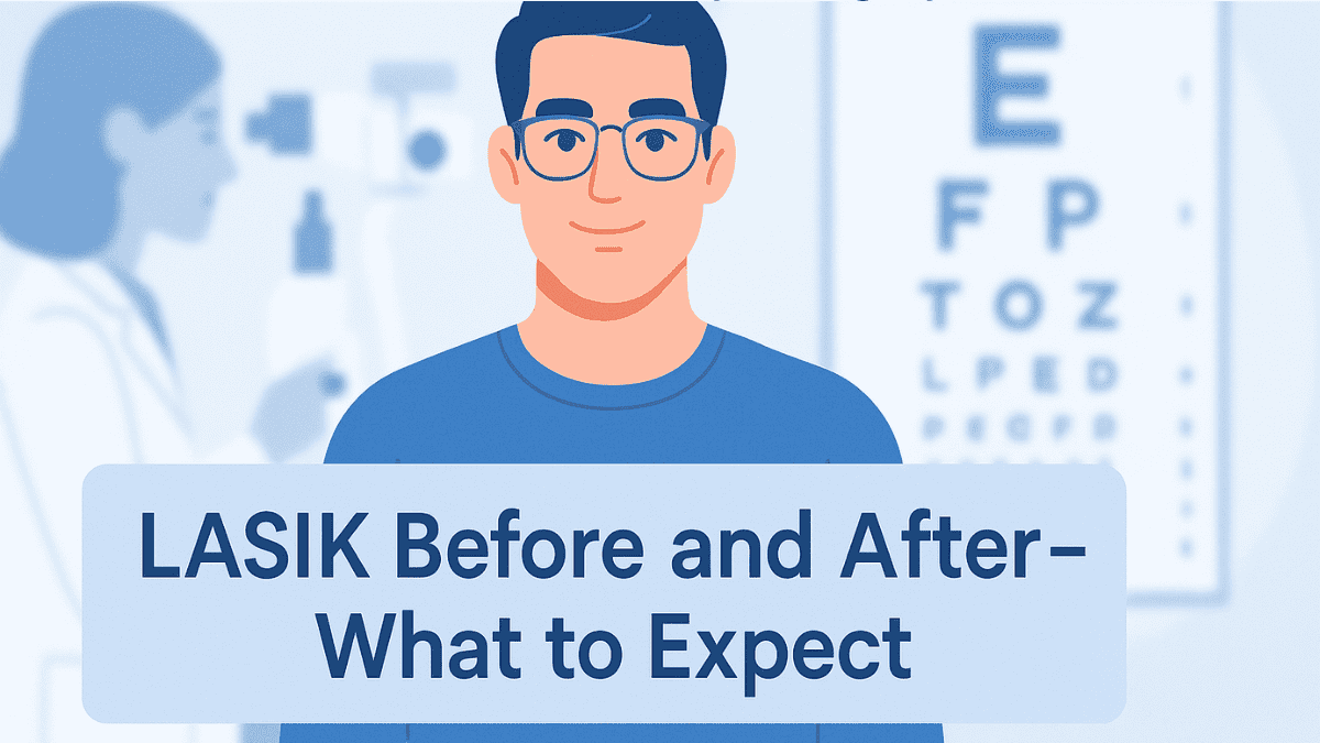 Illustration of LASIK before and after showing clear eyesight transformation in a confident adult patient.