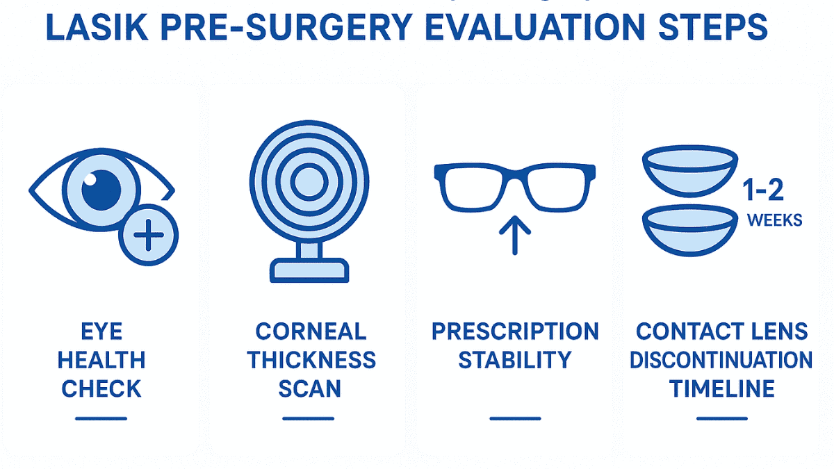 Infographic showing key steps before undergoing LASIK, including eye exam, corneal scans, and contact lens prep timeline.