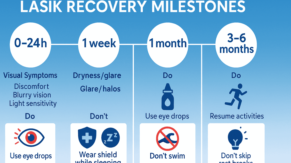 Timeline infographic illustrating LASIK recovery phases and tips from day 1 to 6 months.