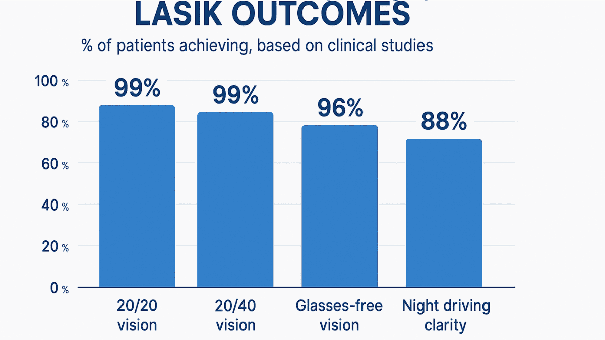 Bar graph showing typical LASIK outcome percentages including 20/20 vision and reduced eyewear reliance.