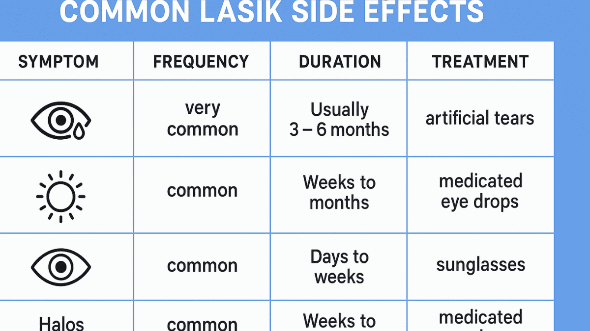 Overview of LASIK side effects showing symptoms, frequency, duration, and treatments.