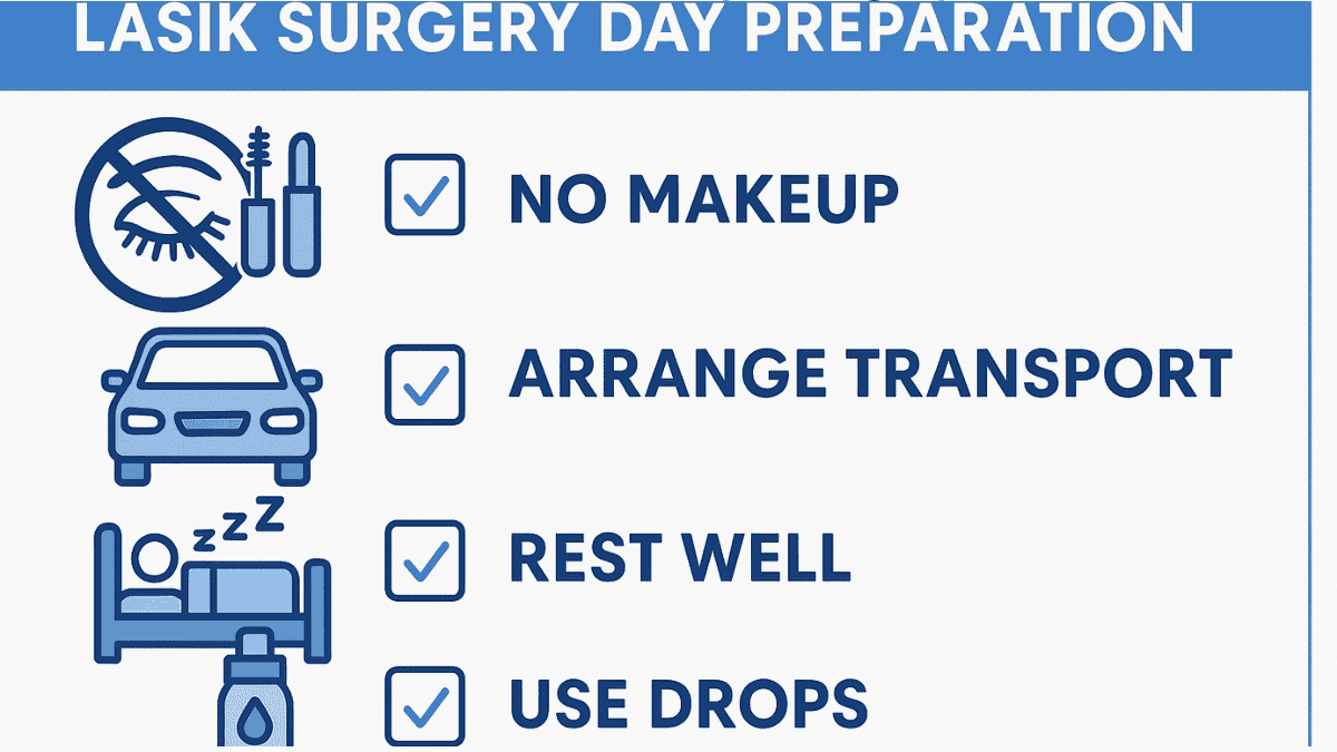 Checklist infographic for preparing on the day of LASIK eye surgery, with visual reminders and medical icons.