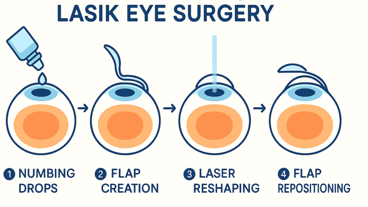 Step-by-step visual of LASIK surgery including numbing, corneal flap, laser correction, and healing.