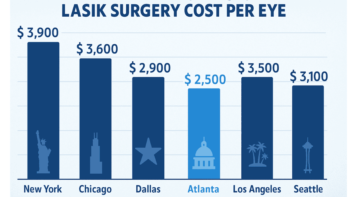 Bar chart comparing LASIK cost per eye in Atlanta with national averages and other major U.S. cities.
