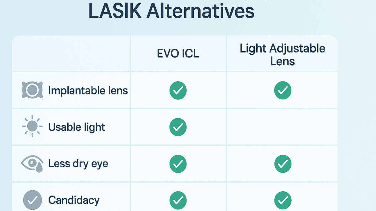 Comparison chart between LASIK and other vision correction alternatives such as EVO ICL and LAL.